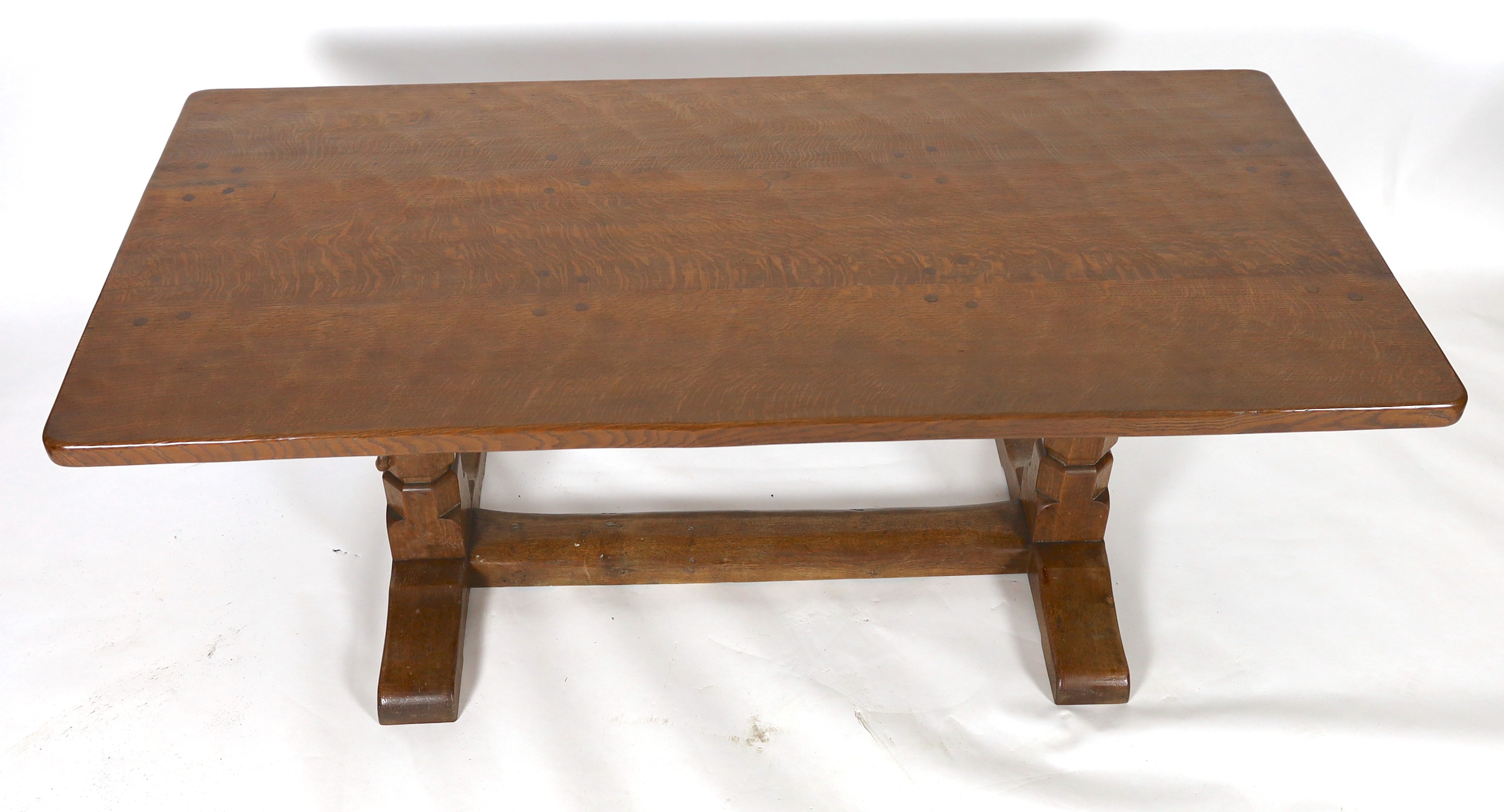 Robert Thompson of Kilburn. A Mouseman oak refectory table and four matching dining chairs, chairs width 44cm depth 47cm height 87cm